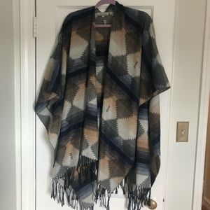 Aztec print open poncho with fringe
